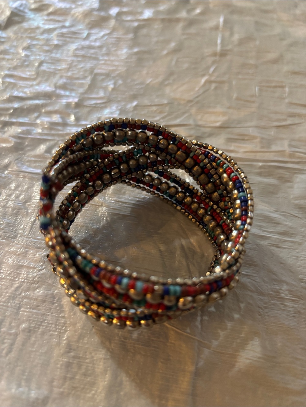 Vintage Multicolor Beaded Coil Bracelet with Gold Accents